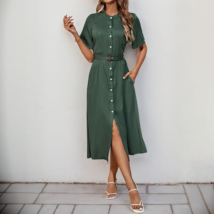 Damen Midikleid mit elegantem Knopfdetail und schmalem Taillengürtel Drune