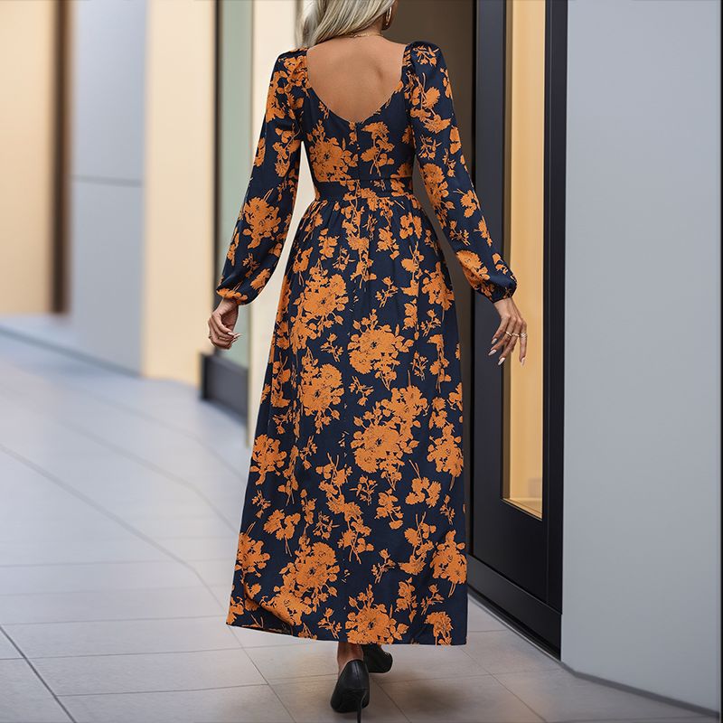 Damen Florales Maxikleid mit Wickel‑Dekolleté, Smock‑Taillenband und hohem Seitenschlitz Drune