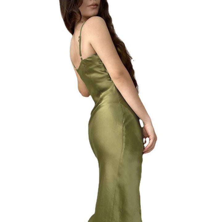Damen modernes Satin-Midi-Kleid mit elegantem Wasserfallausschnitt und seitlichem Schlitz Drune