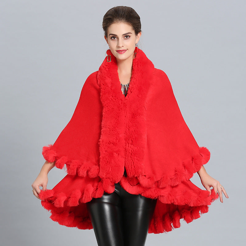 Damen Kapuzenponcho mit luxuriösem Fellkragen und eleganter Umrandung Drune