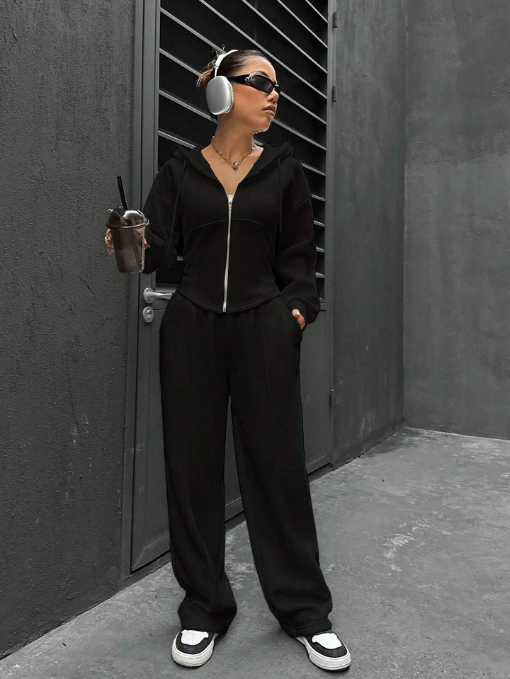 Damen Zip-Hoodie und weite Sweatpants Set mit taillierter Nahtführung Drune