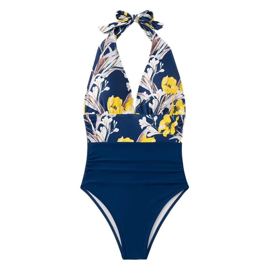 Damen Einteiliger Badeanzug mit floralem Design und Langen Bindebändern Drune