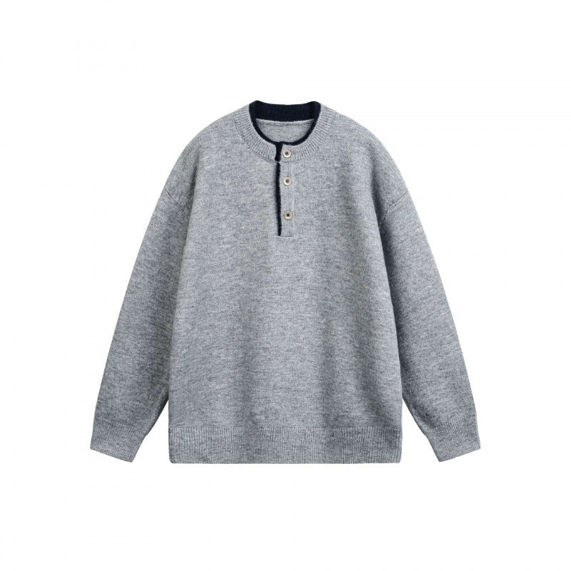 Unisex Grobgestrickter Henley-Pullover mit halber Knopfleiste und geripptem Ausschnitt Drune