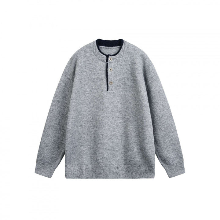 Unisex Grobgestrickter Henley-Pullover mit halber Knopfleiste und geripptem Ausschnitt Drune