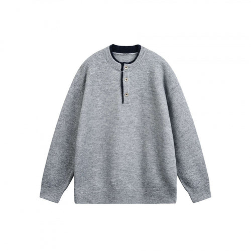 Unisex Grobgestrickter Henley-Pullover mit halber Knopfleiste und geripptem Ausschnitt Drune