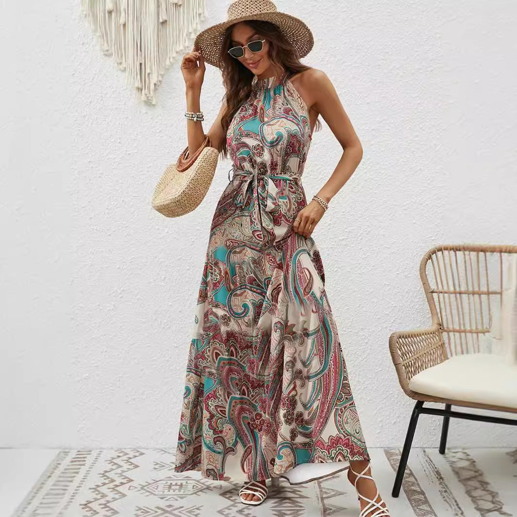 Damen Maxikleid im Boho-Stil mit hohem Kragen und Bindegürtel Drune