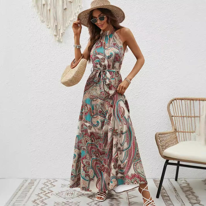 Damen Maxikleid im Boho-Stil mit hohem Kragen und Bindegürtel Drune