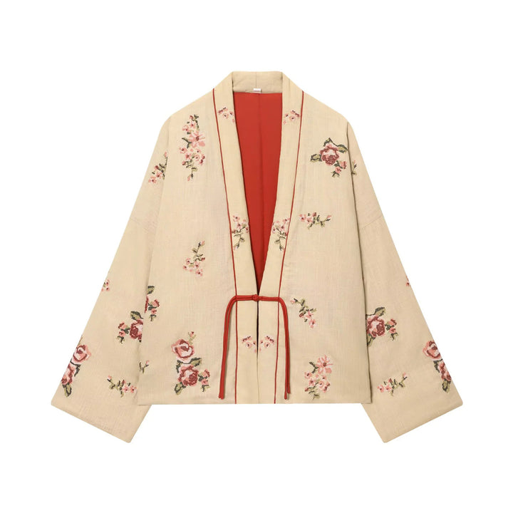 Damen nan bestickte Kimono-Jacke mit floraler Stickerei, Kontrastfutter und Bindegürtel Drune