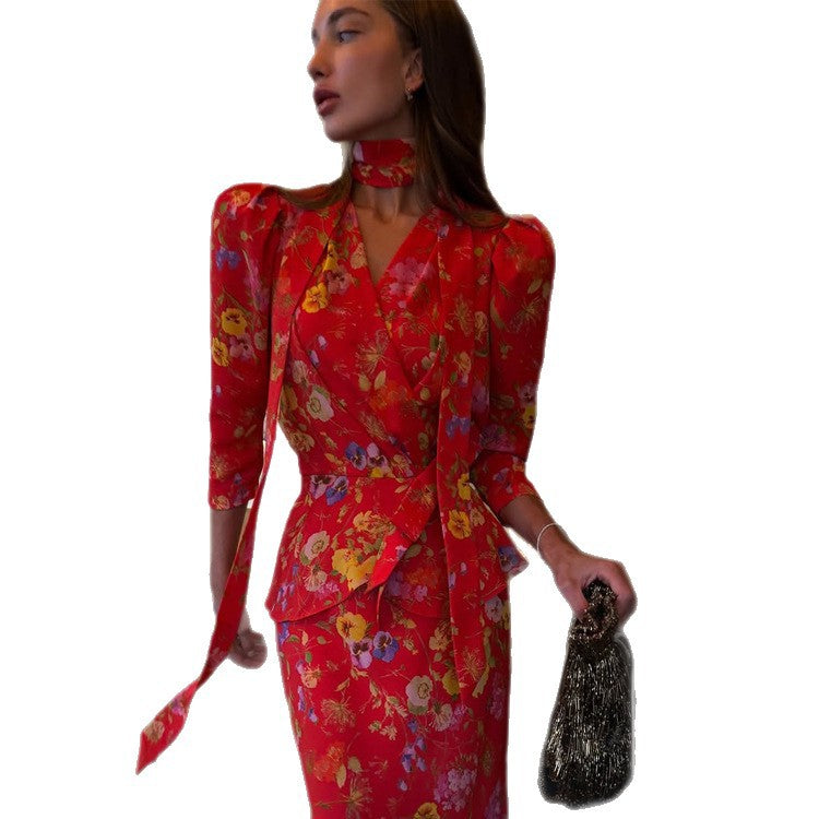 Damen Wickel-Maxikleid mit floralem Print, Puffärmeln und Schalkragen Drune
