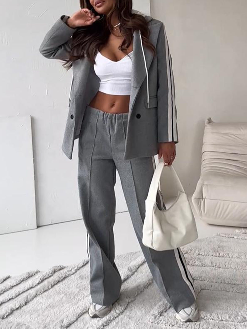 Damen nan sportlich-elegantes Blazer-Zweiteiler mit Kapuzenblazer und weiter Trainingshose mit seitlichem Streifen Drune