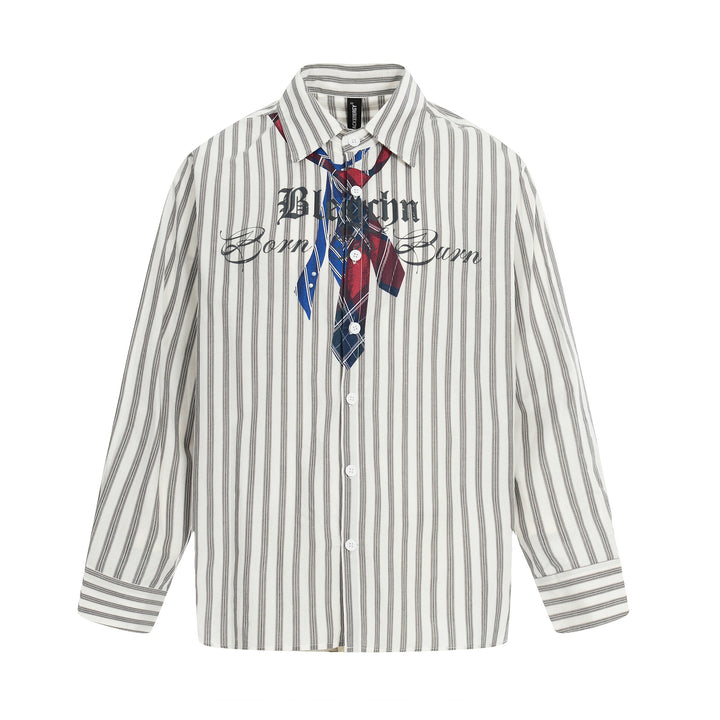 Damen Oversize-Hemd mit Längsstreifen, Krawatten-Print und Vintage-Schriftzug Drune