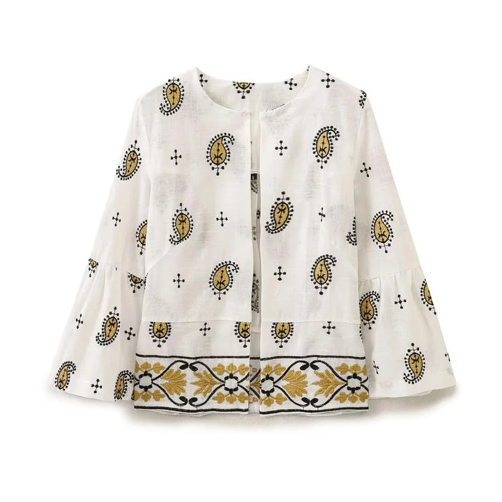 Damen nan weiter Leinenhose mit hohem Bund, Bordürstickerei und folklorem Paisley-Print Drune