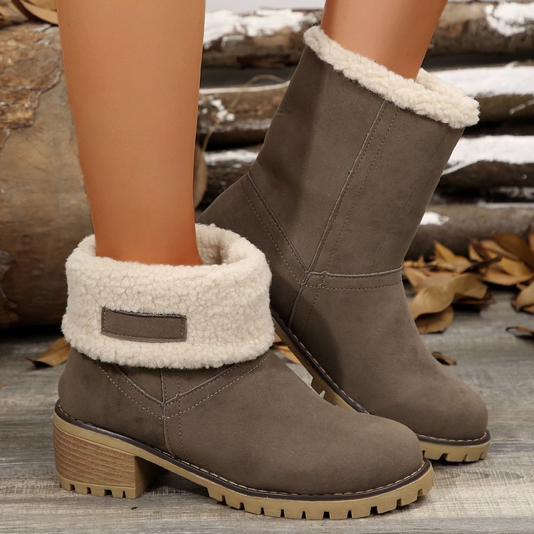 Damen warme Stiefeletten mit flauschigem Schafsfellkragen Drune