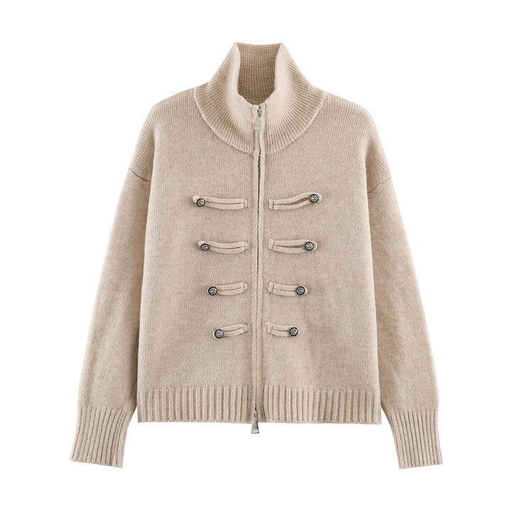 Damen Strickjacke mit Reißverschluss, hohem Stehkragen und dekorativen Zierknopfleisten Drune