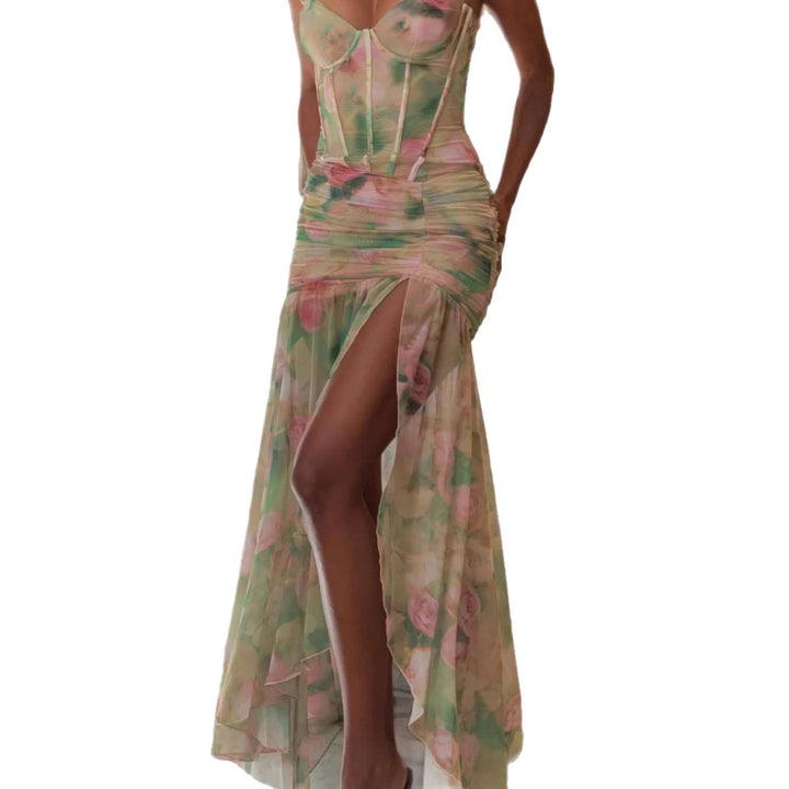Damen romantisches Maxikleid mit floralem Druck und raffinierten Rüschendetails Drune
