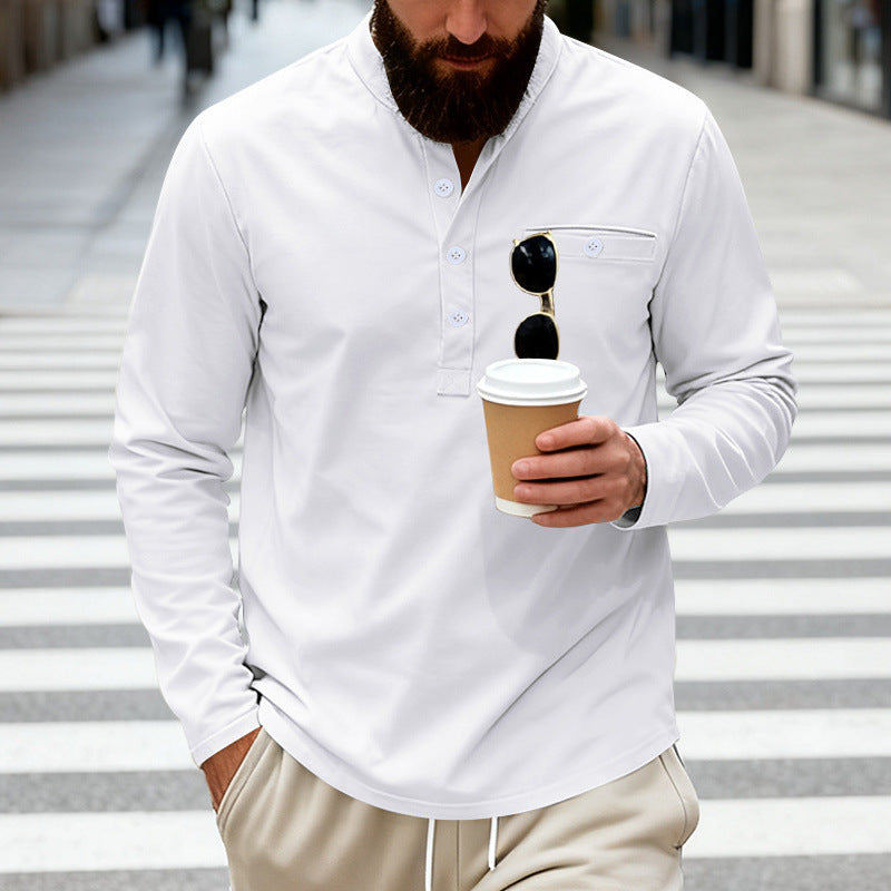 Herren nan lässiges Langarm-Henleyshirt aus Baumwollmischung mit Brusttasche Drune