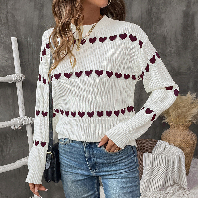 Damen Strickpullover mit Herz-Jacquard, Oversize-Rundhals & Rippbündchen Drune
