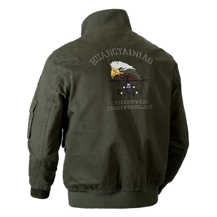 Herren nan retro-inspirierte Pilotjacke aus robustem Canvas mit gestickten Emblempatches, Multifunktionsärmeltasche und hohem Stehkragen Drune