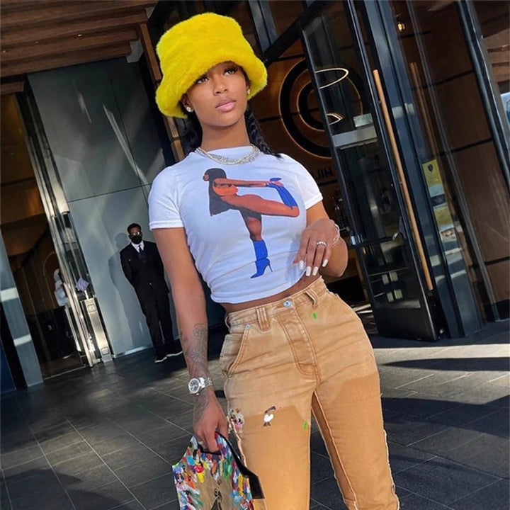 Damen Crop T-Shirt mit auffälligem Grafikdruck Drune