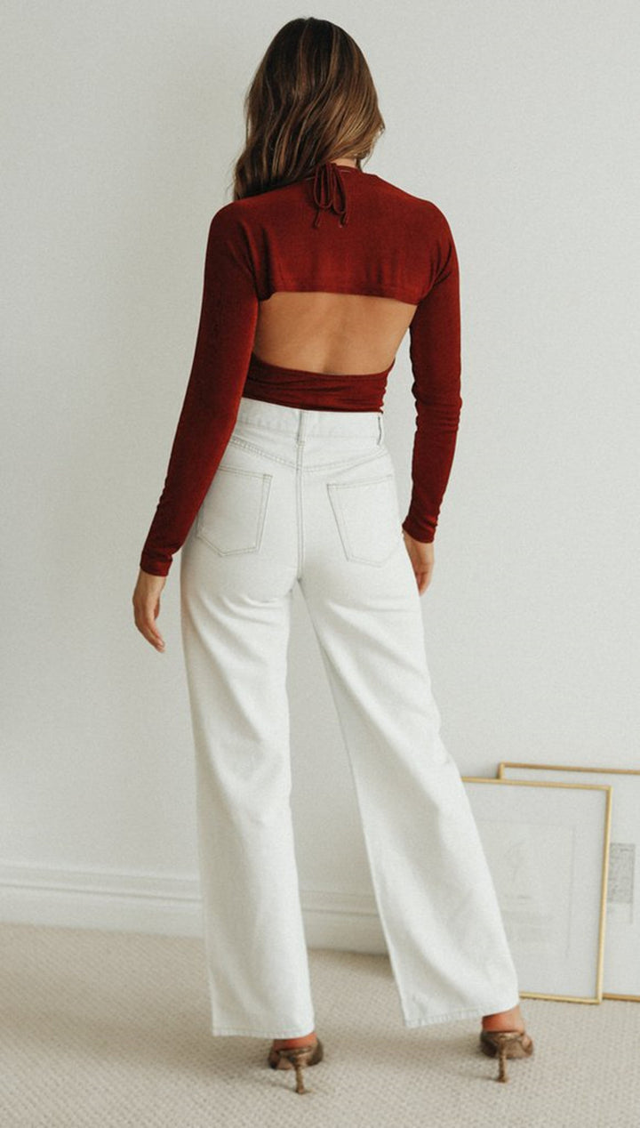 Damen Langarm-Oberteil mit tiefem V-Ausschnitt und Cut-Out-Design Drune