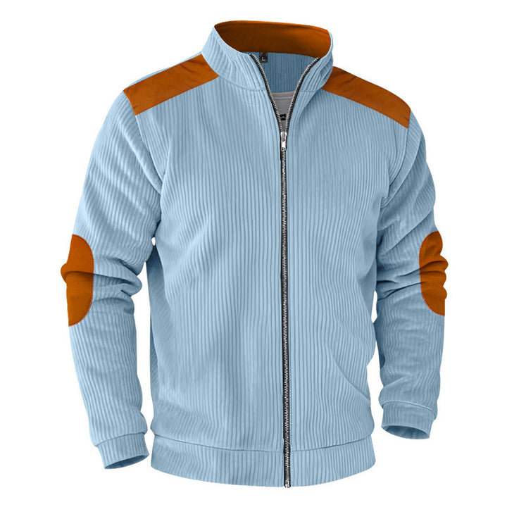 Herren nan gerippte Stehkragen-Sweatjacke mit durchgehendem Reißverschluss, Schulter- und Ellbogen-Patches Drune
