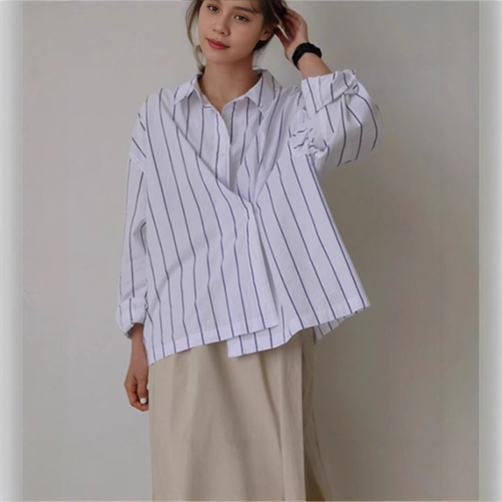 Damen Oversize-Kastenhemdbluse aus Leinen-Baumwollmix mit vertikaler Nadelstreifen-Optik und legerer Silhouette Drune