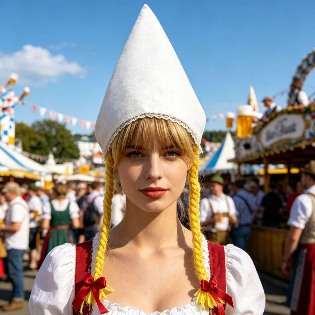 Damen nan traditionelle Trachtenhaube mit steifer Kegelform und feinem Spitzenrand Drune