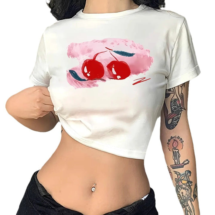 Damen Crop-T-Shirt mit fröhlichem Kirschmotiv und kurzem Schnitt Drune