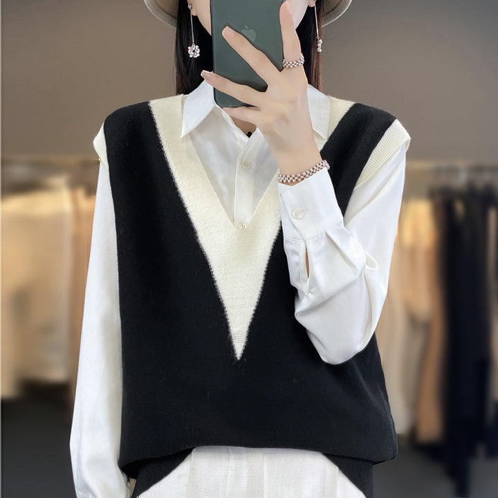 Damen Strukturiertes Feinstrick-Longvest mit tiefem V-Ausschnitt und kontrastierendem V-Paneel Drune