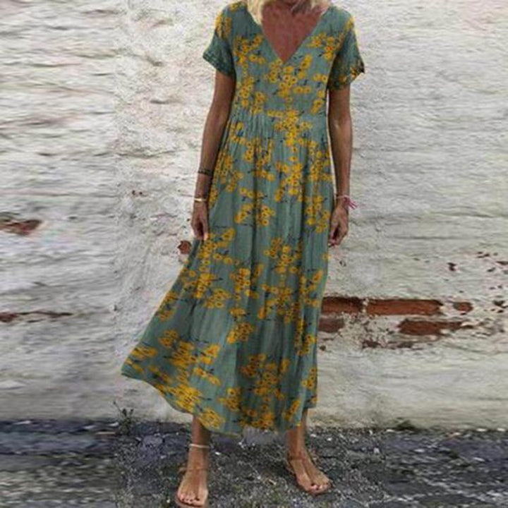 Damen nan V-Ausschnitt-Maxikleid mit feinem Faltenrock, Empire-Passe und Kurzarm Drune
