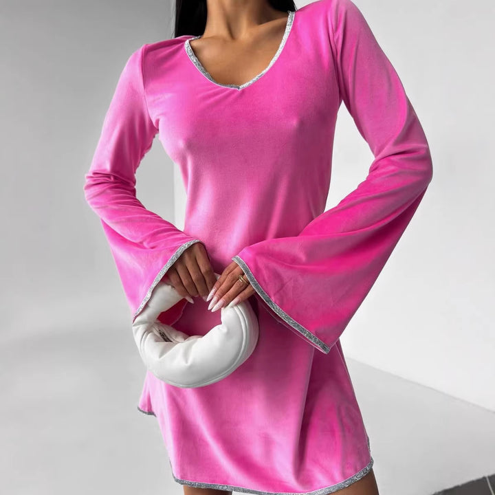 Damen Samt-Minikleid mit ausgestellten Glockenärmeln und Strassbesatz Drune
