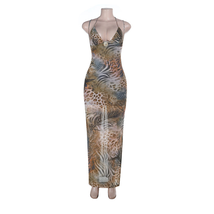 Damen Maxikleid mit tiefem V-Ausschnitt und animalischem Print Drune