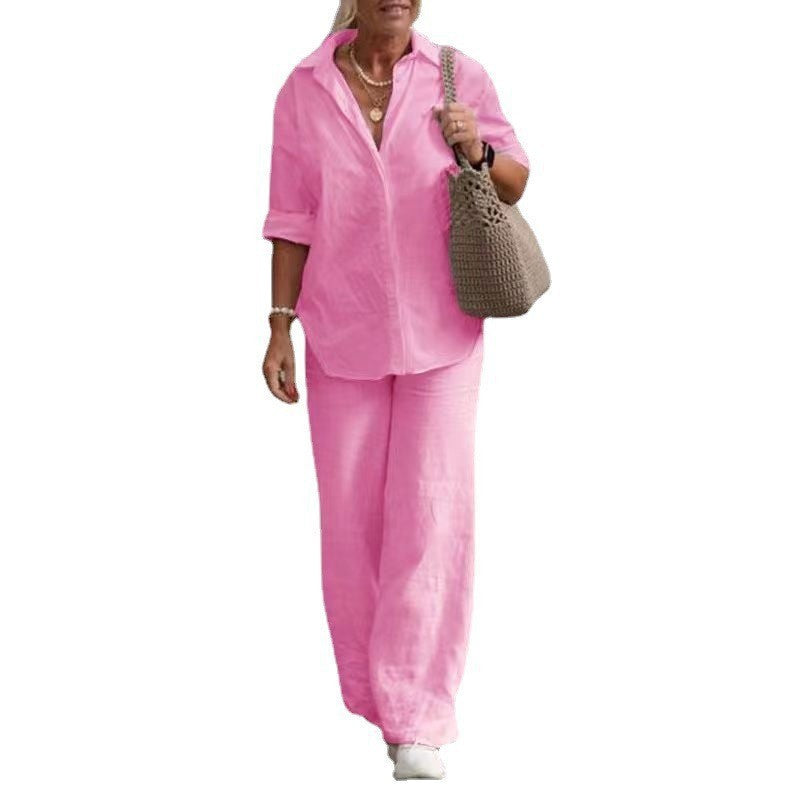 Damen Leichtes Leinen-Optik Zweiteiler mit Oversize-Hemd und weiter Palazzohose Drune