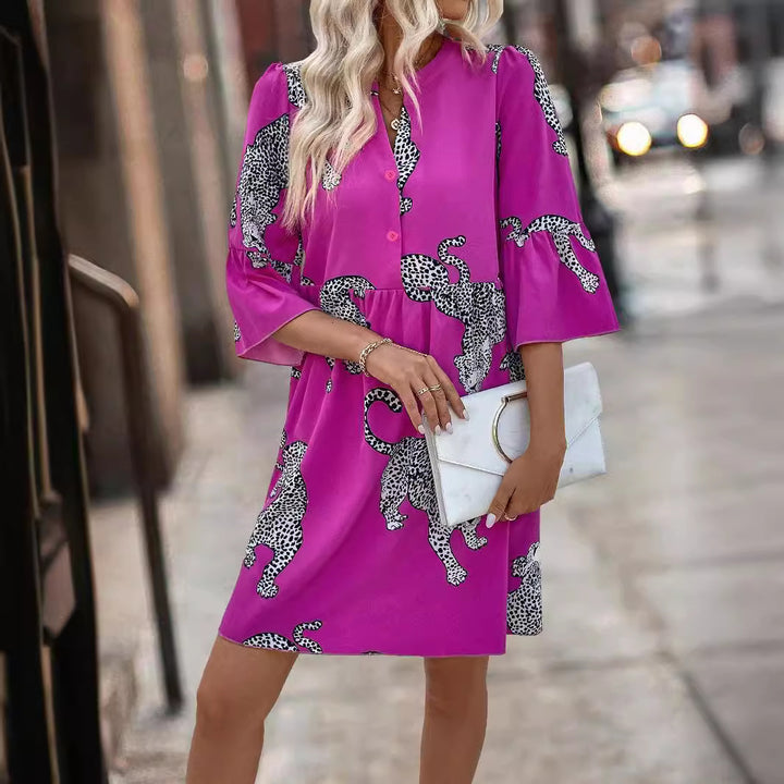 Damen nan lockeres Tunika-Kleid mit geraffter Taillennaht, Knopfleiste und grafischem Tier-Silhouettenprint Drune