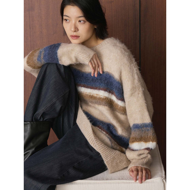 Damen Weicher Mohair-Mix Pullover mit gestreifter Relaxed-Silhouette Drune