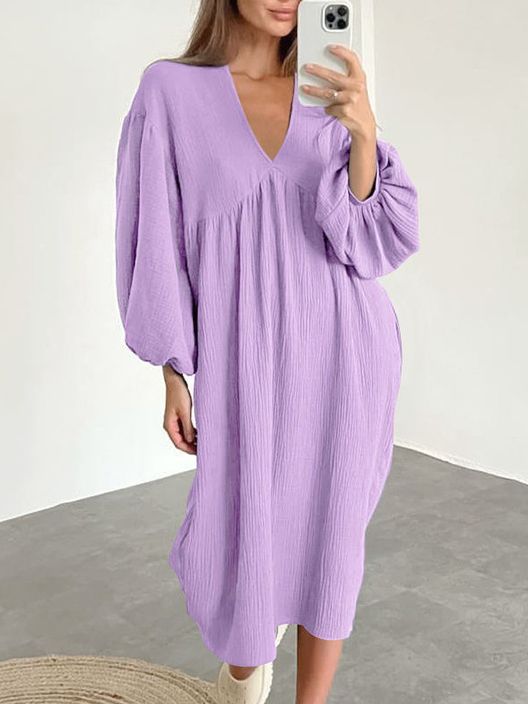 Damen lässiges Oversized-Kleid mit voluminösen Ärmeln und V-Ausschnitt Drune