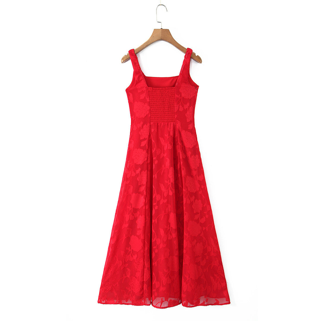 Damen Maxikleid mit floralem Reliefmuster und eleganten Trägern Drune