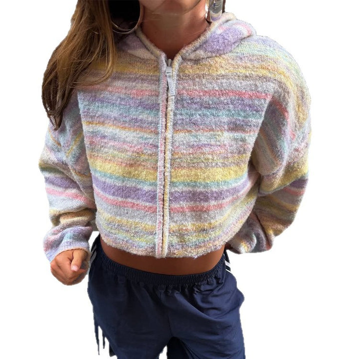 Damen Gekürzte Kapuzen-Strickjacke im Fluffy-Streifenmuster mit Reißverschluss und Boxy-Schnitt Drune