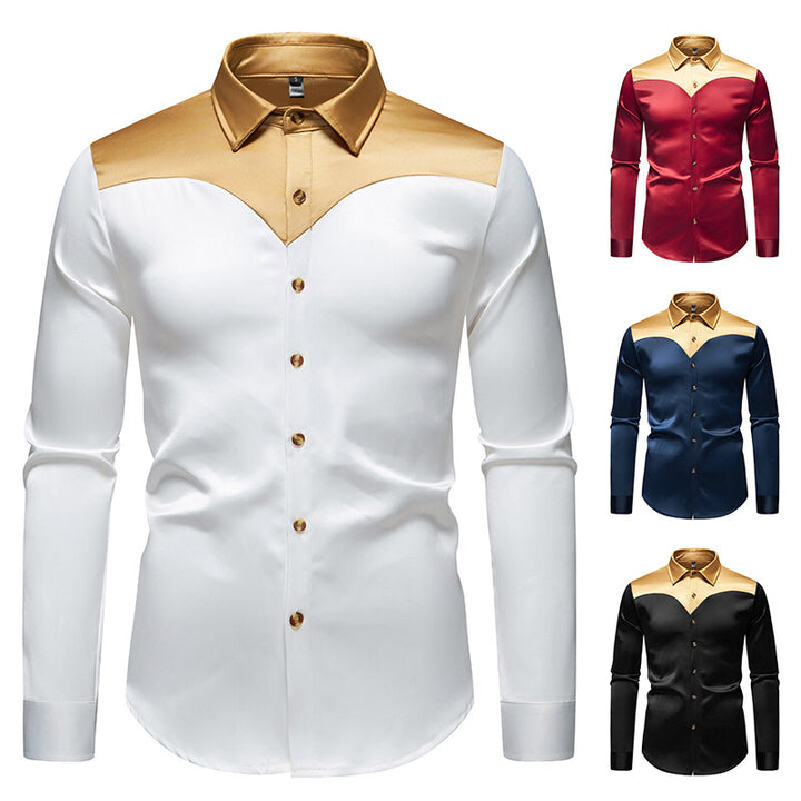 Herren Figurbetontes Satin-Hemd mit Kontrastpasse und Kentkragen Drune