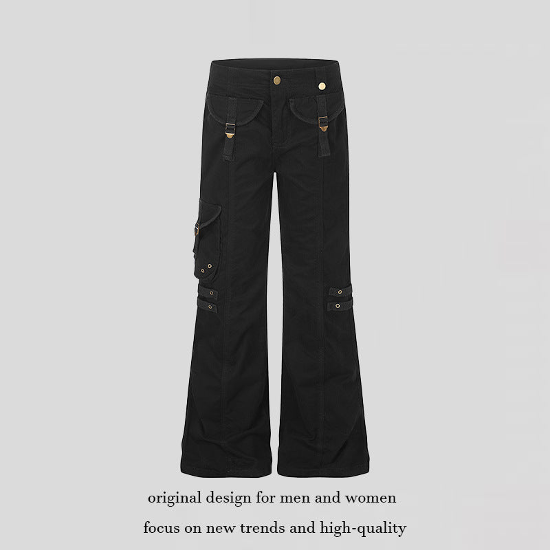 Damen weite High‑Waist Cargo‑Hose mit Utility‑Taschen und Gurt‑Details Drune