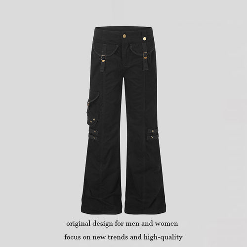 Damen weite High‑Waist Cargo‑Hose mit Utility‑Taschen und Gurt‑Details Drune