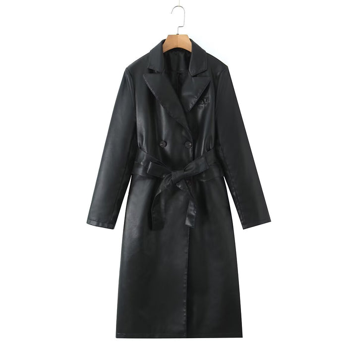 Damen Kunstleder Trenchcoat mit taillierbarem Gürtel und doppelter Knopfleiste Drune