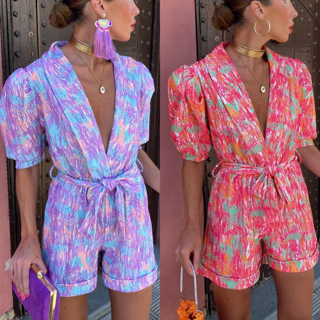 Damen Eleganter Jumpsuit mit tiefem V-Ausschnitt und knöpfbarem Gürtel Drune