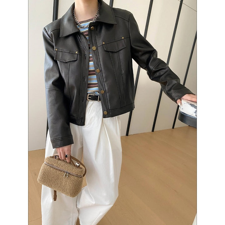 Damen Kunstlederjacke im Biker-Stil mit doppeltem Kragen und praktischen Taschen Drune