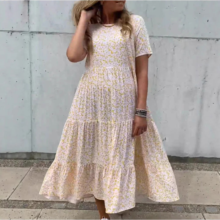 Damen nan luftiges Stufenmaxikleid im Boho-Babydoll-Stil mit geraffter Unterbrust und kurzen Ärmeln Drune