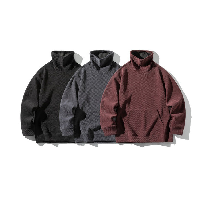Unisex Oversize Waffelstruktur-Halbrollkragen-Sweatshirt mit Kängurutasche Drune