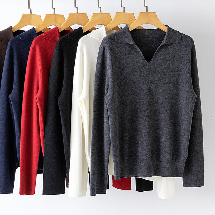Damen Feinstrickpullover mit V-Ausschnitt und Hemdkragen Drune