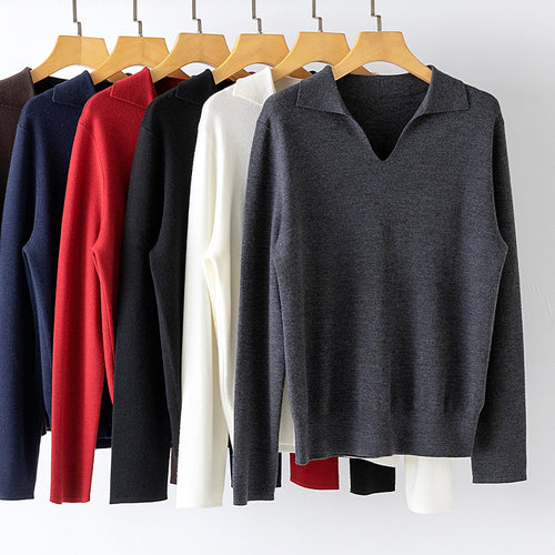 Damen feiner leichter V-Ausschnitt-Pullover mit offenem Hemdkragen und legerer Silhouette Drune