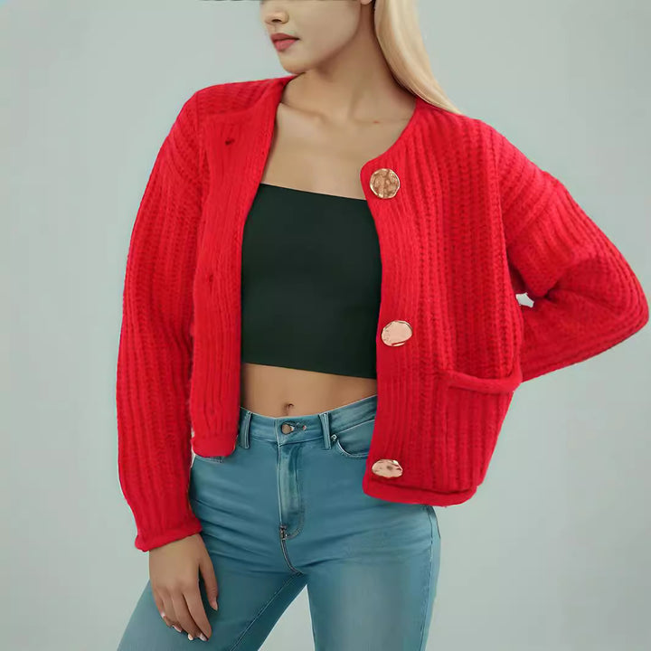 Damen kuschelige Strickjacke mit großen Knöpfen und aufgesetzten Taschen Drune