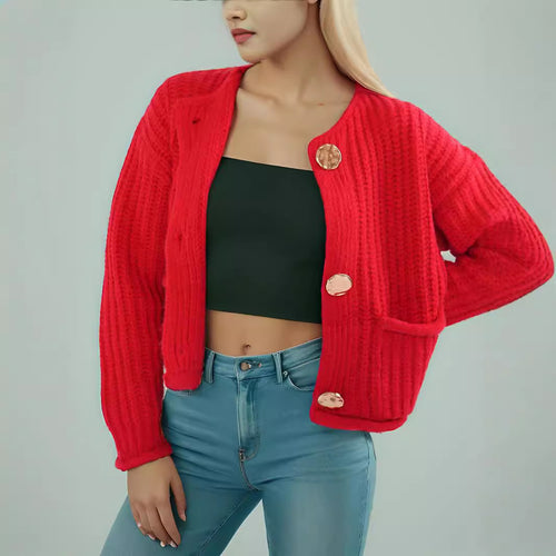 Damen kuschelige Strickjacke mit großen Knöpfen und aufgesetzten Taschen Drune